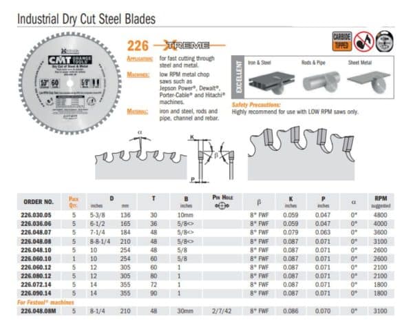 Chrome Industrial Dry Cut Steel Saw Blades - woodshopbits.com CMT